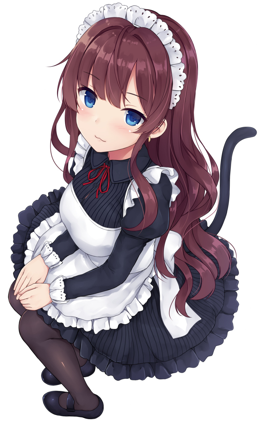 1girl :3 absurdres apron black_dress black_footwear blue_eyes blush breasts brown_hair brown_legwear button_gap buttons cat_tail collared_dress dress earrings frilled_apron frills from_above full_body highres ichinose_shiki idolmaster idolmaster_cinderella_girls jewelry juliet_sleeves large_breasts long_hair long_sleeves looking_at_viewer maid maid_apron maid_headdress mary_janes mizunashi_kenichi neck_ribbon pantyhose puffy_sleeves red_neckwear ribbon shoes sidelocks simple_background sitting smile solo striped striped_dress tail waist_apron wavy_hair white_apron white_background