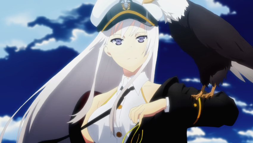 1girl azur_lane bald_eagle bangs bare_shoulders bird black_jacket black_neckwear collared_shirt eagle enterprise_(azur_lane) grey_hair hair_between_eyes hat jacket long_hair long_sleeves necktie purple_eyes screencap shirt sleeveless sleeveless_shirt sleeves solo upper_body very_long_hair white_hair white_headwear white_shirt