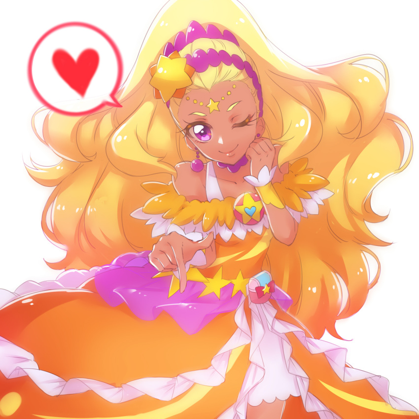 1girl ;) amamiya_erena blonde_hair choker closed_mouth collarbone commentary_request cure_soleil dark_skin earrings eyebrows heart highres jewelry long_hair looking_at_viewer magical_girl nijigami_rin one_eye_closed precure purple_choker purple_earrings simple_background smile solo spoken_heart star star_twinkle_precure violet_eyes white_background wrist_cuffs