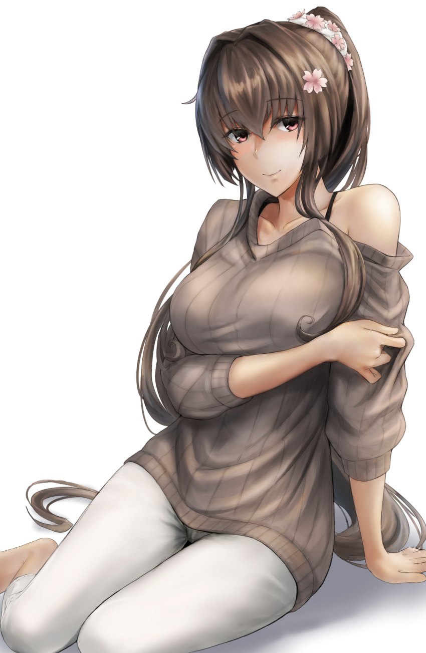 1girl alternate_costume blush breasts brown_eyes brown_hair brown_sweater casual cherry_blossoms collarbone flower hair_flower hair_ornament highres kantai_collection kokuzoo large_breasts long_hair looking_at_viewer off_shoulder pants ponytail sitting smile solo sweater very_long_hair white_pants yamato_(kantai_collection) yokozuwari