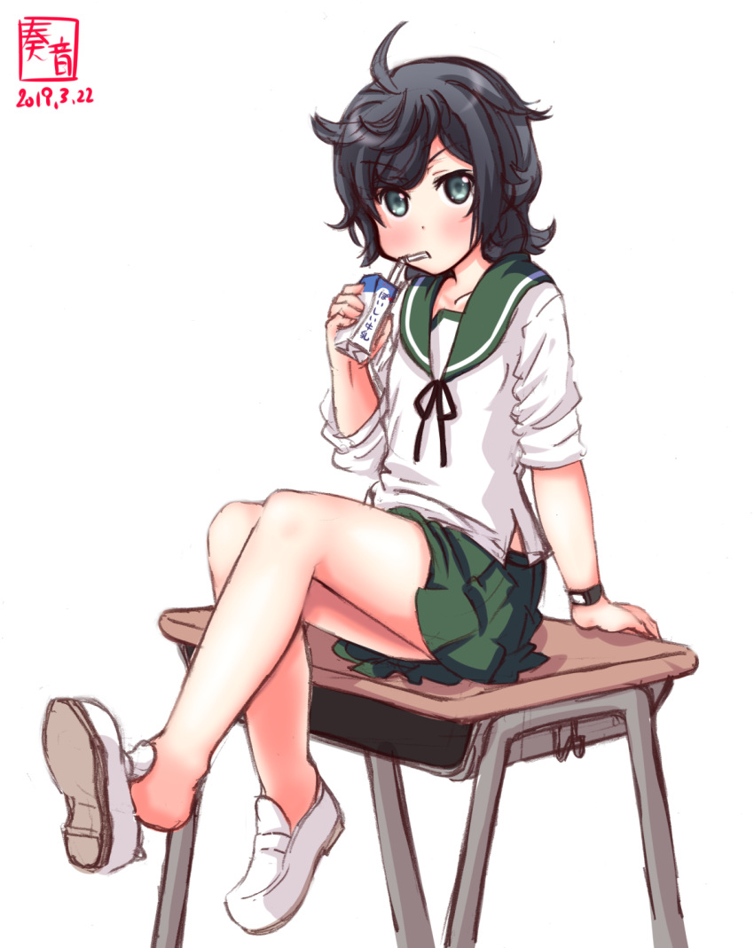 1girl alternate_costume artist_logo black_hair black_neckwear blue_eyes blush collarbone dated desk drink eyebrows_visible_through_hair flat_chest full_body green_sailor_collar green_skirt highres kanon_(kurogane_knights) kantai_collection looking_at_viewer matsukaze_(kantai_collection) milk_carton neckerchief no_hat no_headwear sailor_collar school_desk school_uniform shirt shoes short_hair signature simple_background sitting skirt solo uwabaki watch white_background white_footwear white_shirt