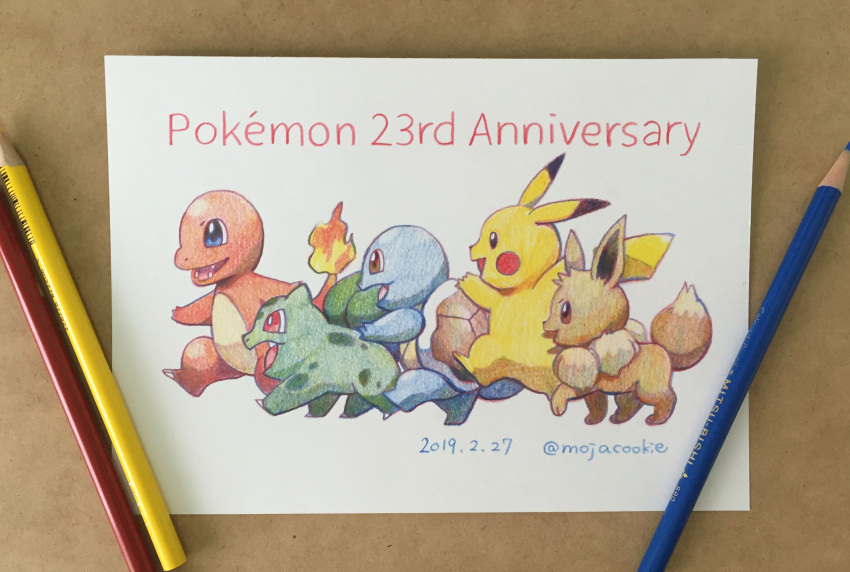 anniversary artist_name blue_eyes brown_eyes bulbasaur charmander colored_pencil_(medium) creatures_(company) dated eevee fangs fire game_freak gen_1_pokemon highres mojacookie nintendo no_humans open_mouth photo pikachu pokemon pokemon_(creature) profile red_eyes simple_background smile squirtle traditional_media twitter_username walking white_background