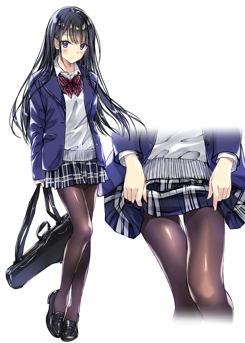 1girl black_footwear black_hair blue_jacket blue_skirt blush bow bowtie breasts collared_shirt full_body grey_shirt hair_ornament hairclip highres holding instrument_case jacket kobayashi_chisato loafers long_hair long_sleeves looking_at_viewer medium_breasts multiple_views open_clothes open_jacket original pantyhose plaid plaid_skirt purple_legwear purple_neckwear shirt shoes simple_background skirt skirt_lift solo violet_eyes white_background