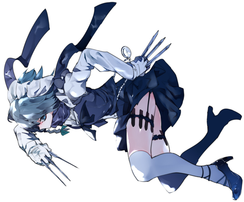 1girl blue_bow blue_eyes blue_footwear blue_scarf blue_skirt blue_vest bow braid commentary full_body garter_straps gloves green_bow hair_bow high_heels highres holding holding_knife holding_weapon holster ikurauni izayoi_sakuya knife knives_between_fingers long_sleeves looking_at_viewer maid maid_headdress pocket_watch scarf shirt short_hair silver_hair simple_background skirt skirt_set solo thigh-highs thigh_holster thighs touhou vest watch weapon white_background white_gloves white_legwear white_shirt