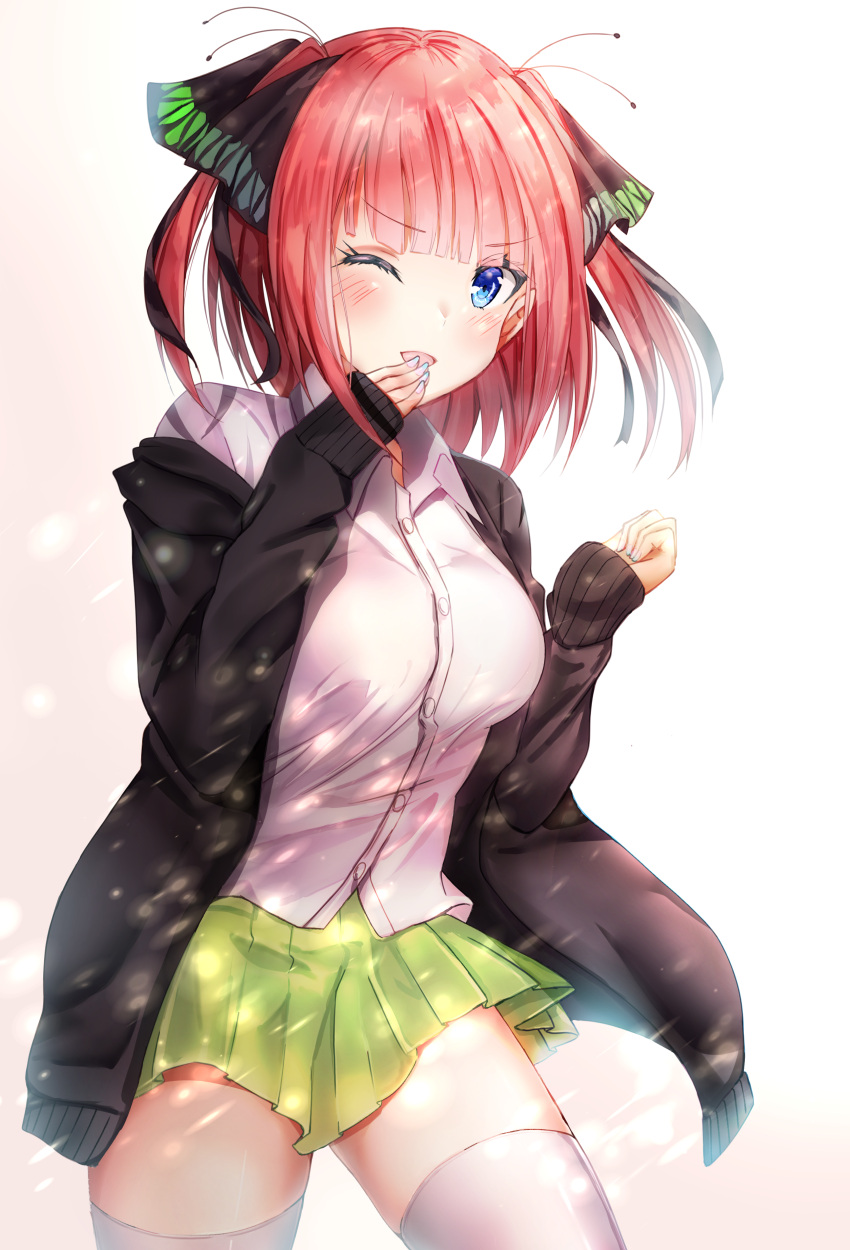 1girl absurdres bangs black_jacket blue_nails blunt_bangs blush breasts butterfly_hair_ornament buttons eyebrows_visible_through_hair eyes_visible_through_hair fingernails go-toubun_no_hanayome green_skirt hair_ornament hand_to_own_mouth highres jacket large_breasts long_sleeves looking_at_viewer nail_polish nakano_nino off_shoulder one_eye_closed open_mouth pink_background pink_hair shirt short_hair simple_background skirt smile thigh-highs thighs toratora_(nanahaba) white_background white_legwear white_shirt zettai_ryouiki