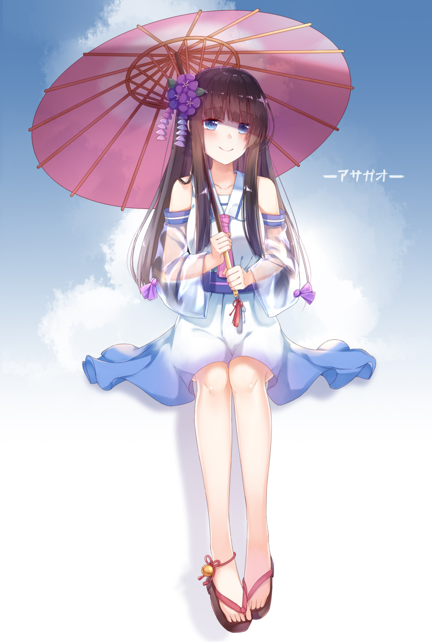 1girl absurdres bangs blue_eyes blunt_bangs brown_hair detached_sleeves dress flower full_body gradient_dress hair_flower hair_ornament highres holding holding_umbrella invisible_chair long_hair long_sleeves original pink_neckwear pink_umbrella purple_flower sailor_collar see-through shiny shiny_hair sitting sleeveless sleeveless_dress sll solo umbrella very_long_hair white_dress white_sailor_collar