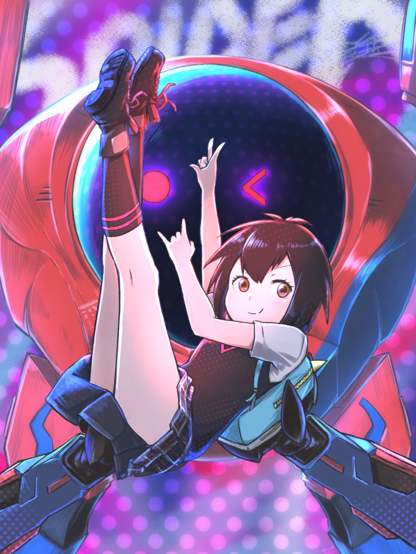 1girl \m/ arms_up backpack bag black_footwear black_hair black_legwear brown_eyes carrying eyebrows_visible_through_hair highres legs_up looking_at_viewer marvel mecha multicolored multicolored_background norikoi peni_parker pleated_skirt polka_dot polka_dot_background princess_carry school_uniform short_hair skirt smile socks sp//dr spider-man:_into_the_spider-verse spider-man_(series) vest