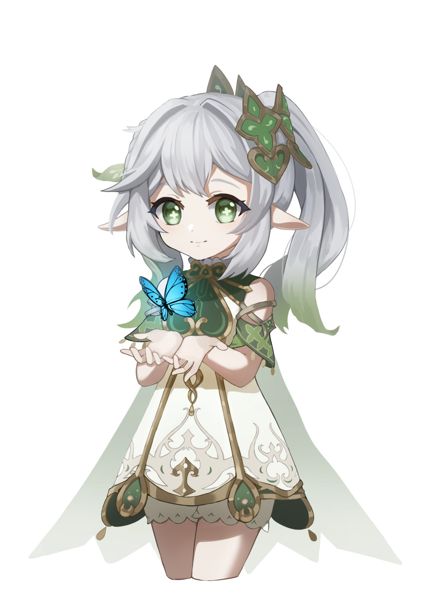 1girl absurdres bangs bloomers bug butterfly cape cross-shaped_pupils detached_sleeves dress female_child genshin_impact gradient_hair green_cape green_eyes green_hair hair_ornament highres kusanali_(genshin_impact) leaf_hair_ornament long_hair multicolored_hair pointy_ears seo_ninjang side_ponytail smile solo underwear white_background white_bloomers white_dress white_hair