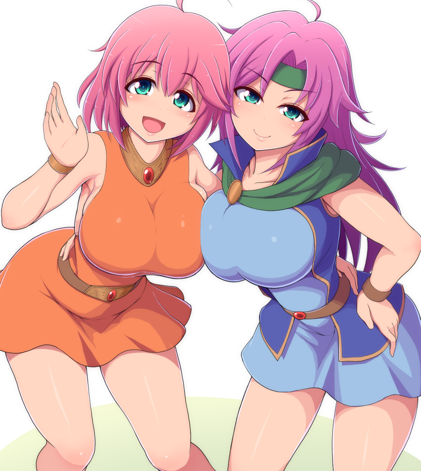 2girls :d ahoge aqua_eyes bangs bracelet breasts closed_mouth dress eyebrows_visible_through_hair faris_scherwiz final_fantasy final_fantasy_v gem green_headband hair_between_eyes hair_intakes hand_on_hip hand_up headband highres jewelry large_breasts legs_apart lenna_charlotte_tycoon long_hair looking_at_viewer multiple_girls open_mouth orange_dress pink_hair ponpo purple_hair short_dress short_hair siblings simple_background sisters sleeveless sleeveless_dress smile white_background