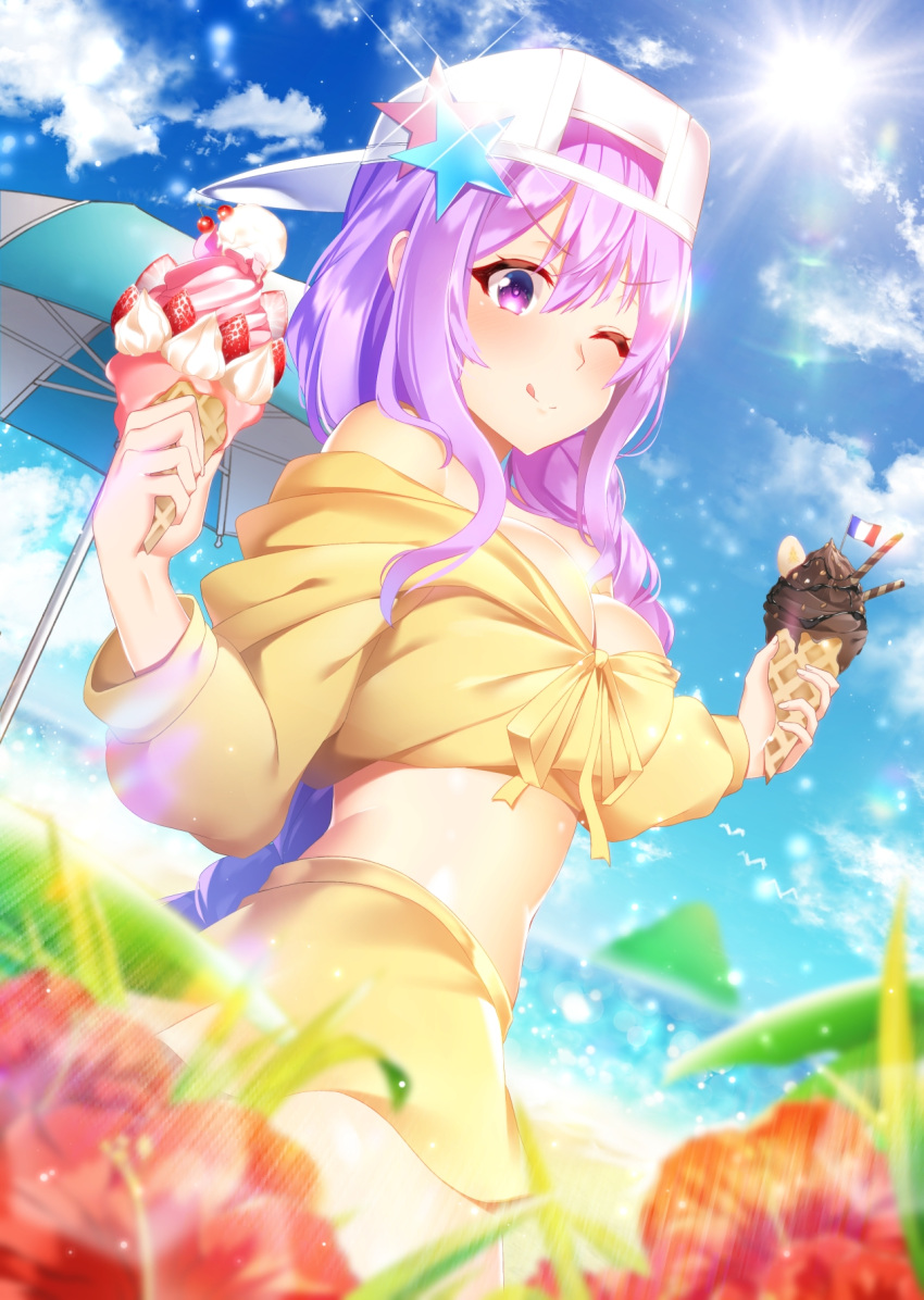 1girl bangs baseball_cap bb_(fate)_(all) bb_(swimsuit_mooncancer)_(fate) beach beach_umbrella blue_sky breasts cleavage cropped_jacket fate/extra fate/extra_ccc fate/grand_order fate_(series) flower food hat highres ice_cream ice_cream_cone jacket large_breasts licking_lips long_hair looking_at_viewer maze_yuri midriff ocean one_eye_closed purple_hair skirt sky solo sunlight tongue tongue_out umbrella very_long_hair violet_eyes yellow_jacket yellow_skirt