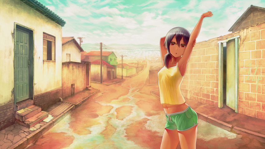 1girl :o arm_behind_head armpits arms_up bangs bare_arms bare_shoulders black_hair blue_sky breasts brick_wall camisole cityscape clouds cloudy_sky collarbone commentary dark_skin day door eyebrows_visible_through_hair green_shorts hair_between_eyes highres house long_hair low_ponytail midriff navel open_door original outdoors parted_lips red_eyes road short_shorts shorts sky small_breasts solo standing street stretch window yellow_camisole yoka1chi
