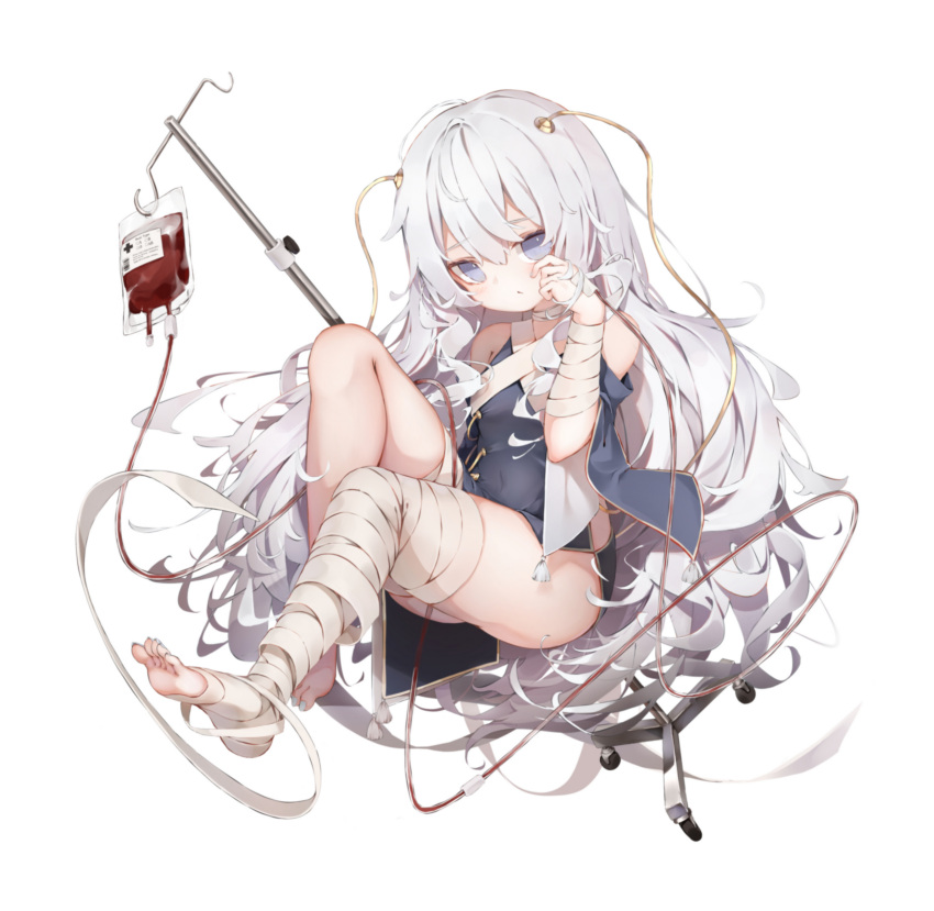 1girl absurdres bandage bandaged_arm bandaged_leg bandages bangs bare_shoulders blood blood_bag blue_dress blue_nails blue_sleeves commentary_request detached_sleeves dolphro-kun dress eyebrows_visible_through_hair full_body girls_frontline hair_between_eyes hair_ornament highres long_hair nail_polish no_shoes ribeyrolles_1918_(girls_frontline) short_sleeves simple_background sleeveless sleeveless_dress soles solo toenail_polish toenails very_long_hair violet_eyes white_background white_hair wide_sleeves