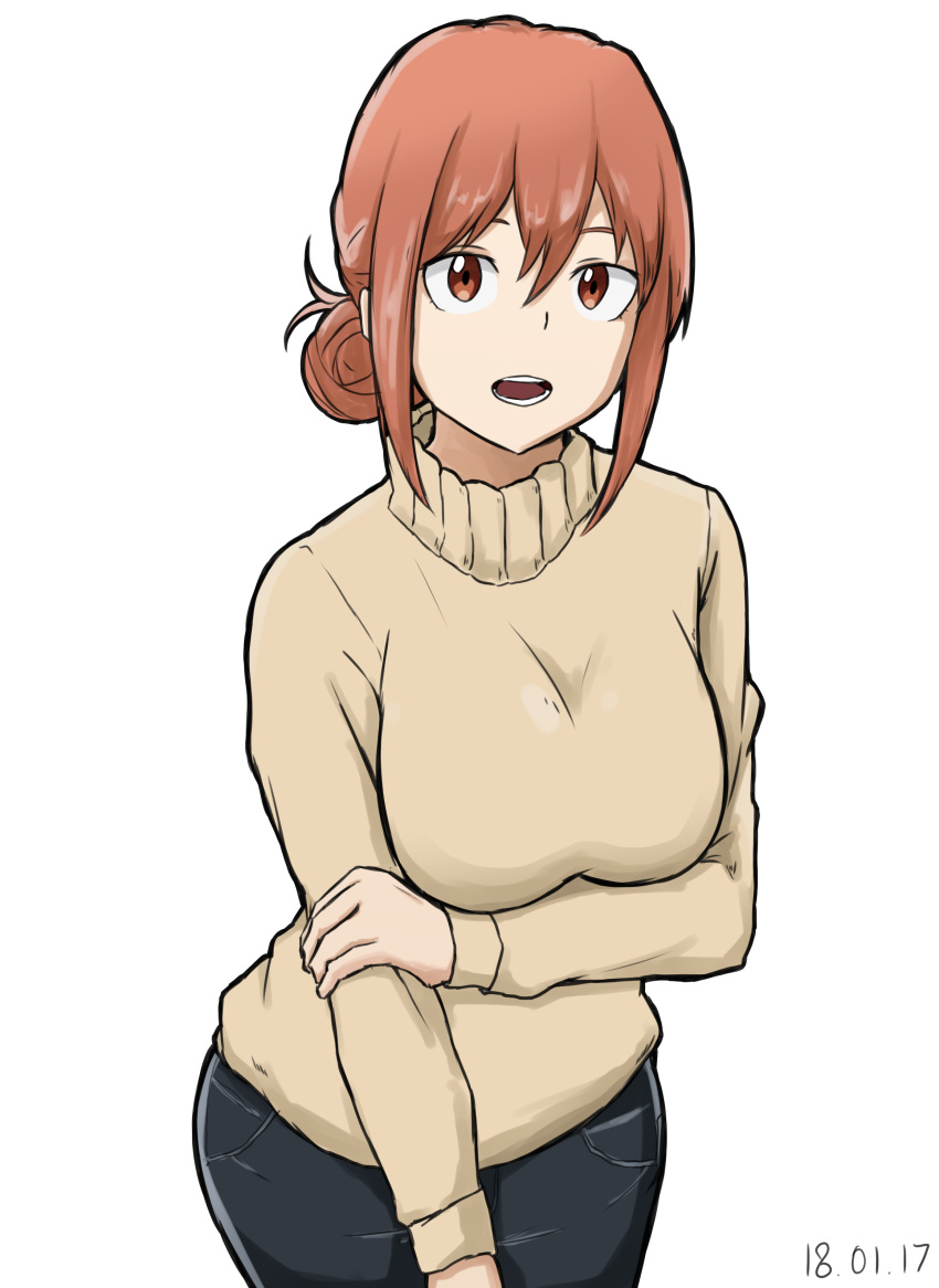 1girl absurdres bow breasts calendarv denim hair_bow highres jeans looking_at_viewer open_mouth orange_eyes orange_hair pants short_hair simple_background solo sweater turtleneck turtleneck_sweater white_background yahari_ore_no_seishun_lovecome_wa_machigatteiru. yuigahama_yui's_mother