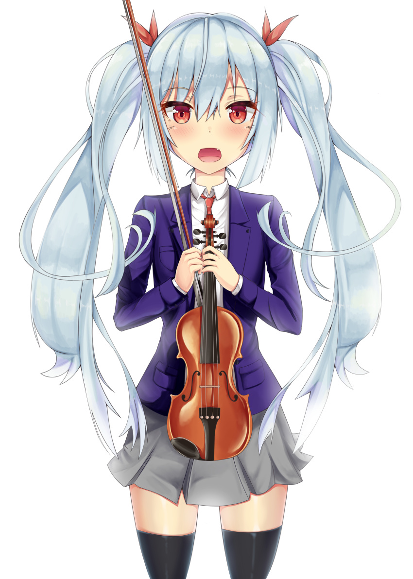 1girl absurdres blazer blush bow fang grey_skirt hair_bow highres instrument jacket kaptivate light_blue_hair long_hair long_sleeves looking_at_viewer necktie open_mouth original red_bow red_eyes red_neckwear skirt solo standing thigh-highs twintails uniform very_long_hair violin