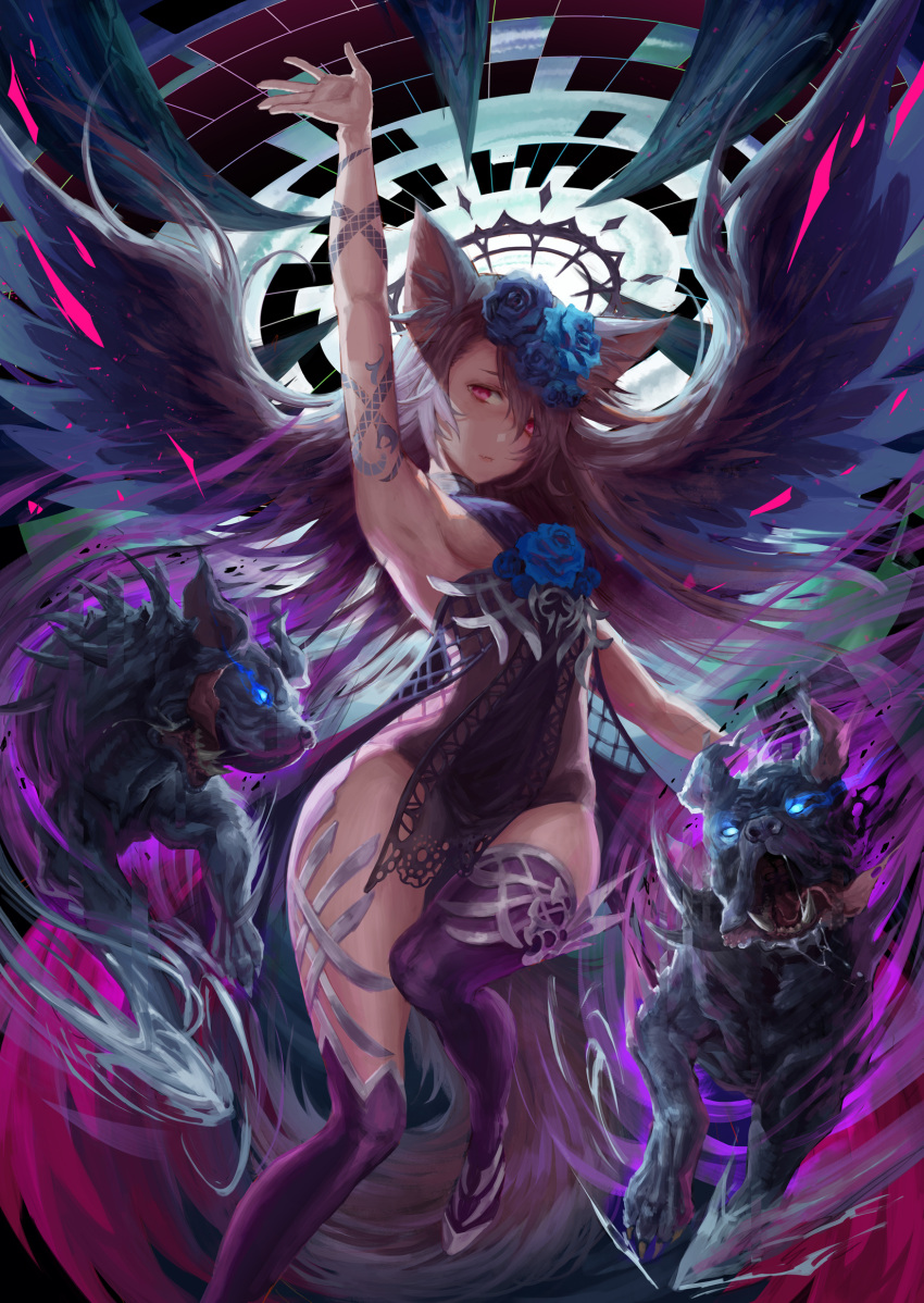 1girl animal_ears arm_up armpits bare_shoulders black_wings blue_eyes blue_flower blue_rose breasts brown_hair closed_mouth dog fangs fangs_out flower fox_ears glowing glowing_eyes highres open_mouth original purple_legwear red_eyes rose saliva see-through sideboob tail tamarashi tattoo thigh-highs tongue tongue_out wings