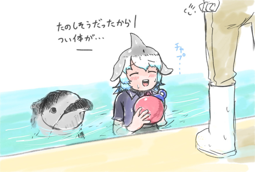 1girl alternate_costume ball blowhole blue_hair blue_shirt blush boots brown_pants closed_eyes collared_shirt common_bottlenose_dolphin_(kemono_friends) dolphin dolphin_girl dorsal_fin fins grey_hair head_fins highres in_water kemono_friends mujinamori_tamakichi multicolored_hair original pants shirt short_hair short_sleeves sweatdrop t-shirt translation_request water water_drop white_footwear white_hair