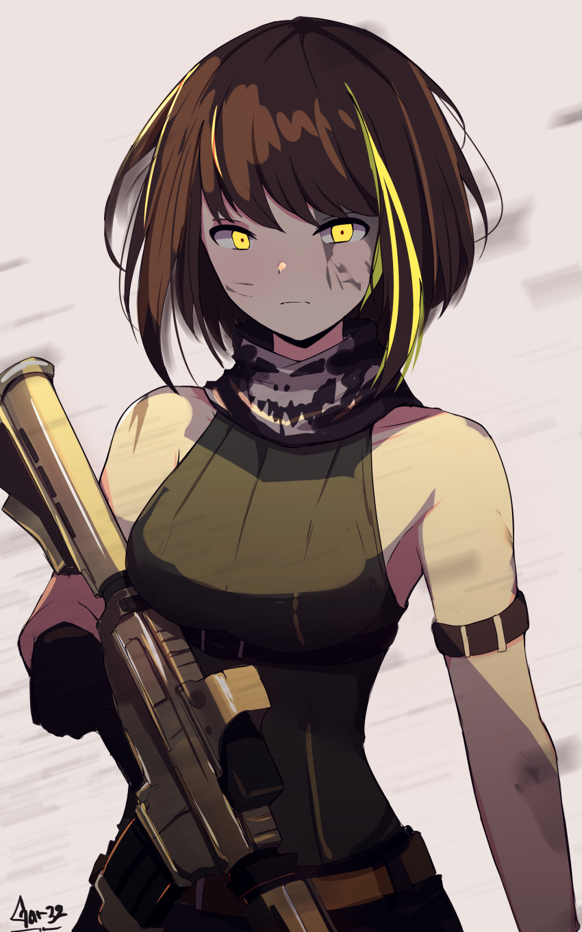 1girl absurdres acog alternate_hair_length alternate_hairstyle armband assault_rifle bandanna black_gloves black_hair brown_hair dirty dirty_face girls_frontline gloves green_eyes green_hair green_sweater gun highres m4_carbine m4a1_(girls_frontline) multicolored_hair ribbed_sweater rifle scarf short_hair signature skull_print sleeveless solo streaked_hair sweater sweater_vest tegar32 trigger_discipline upper_body weapon yellow_eyes