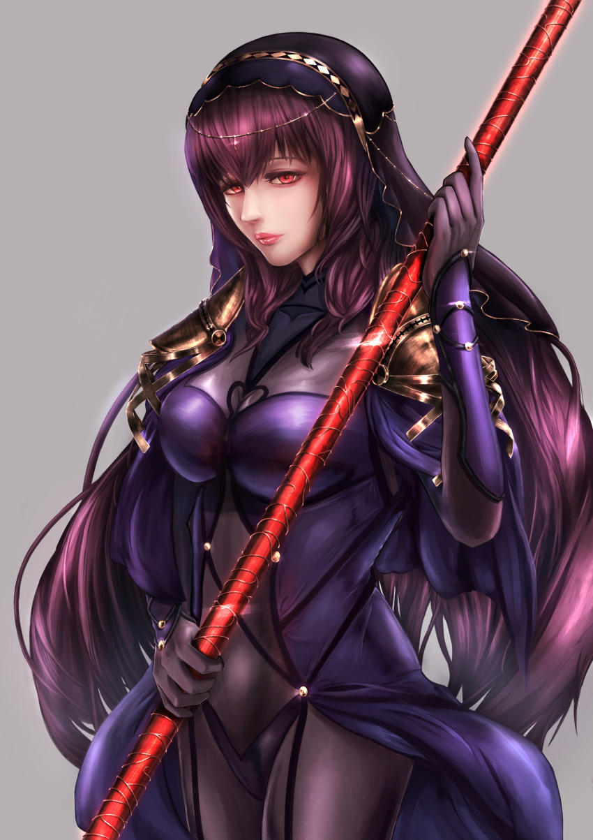 1girl absurdres bodysuit breasts commentary_request covered_navel expressionless fate/grand_order fate_(series) gae_bolg grey_background gxsn3858 highres holding holding_weapon large_breasts leotard lips long_hair looking_at_viewer pauldrons polearm purple_bodysuit purple_hair purple_leotard red_eyes scathach_(fate)_(all) scathach_(fate/grand_order) shoulder_armor simple_background solo spear veil weapon