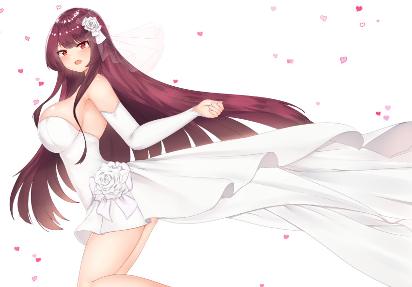 1girl absurdres bangs bare_shoulders blush breasts bridal_veil detached_sleeves dress eyebrows_visible_through_hair girls_frontline hair_ribbon heart highres large_breasts long_hair looking_at_viewer mapyarong one_side_up open_mouth purple_hair red_eyes ribbon simple_background smile solo veil very_long_hair wa2000_(girls_frontline) wedding_dress white_dress