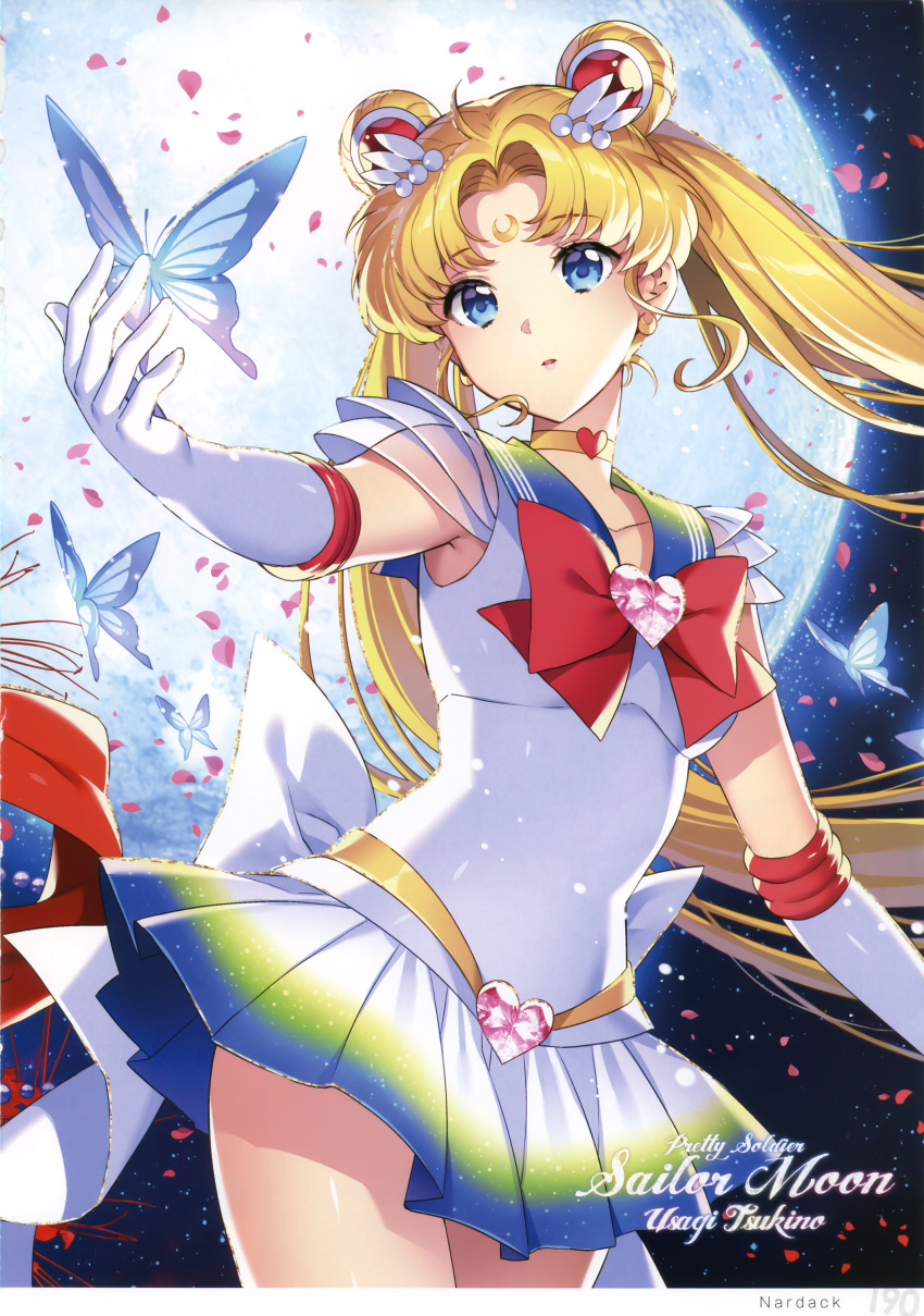 1girl absurdres artist_name bangs bishoujo_senshi_sailor_moon blonde_hair blue_eyes bow breasts bug butterfly character_name choker collarbone earrings elbow_gloves eyebrows_visible_through_hair full_moon gem gloves hair_ornament heart highres insect jewelry long_hair medium_breasts miniskirt moon nardack night night_sky page_number parted_lips petals pleated_skirt sailor_moon sailor_senshi_uniform scan shiny shiny_skin simple_background skirt sky solo tsukino_usagi twintails white_gloves