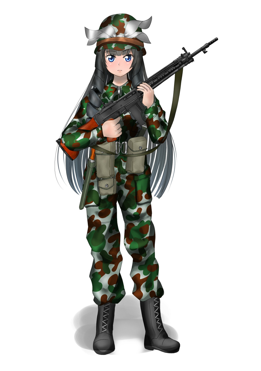 absurdres battle_rifle boots girls_frontline gun highres howa_type_64 howa_type_64_(girls_frontline) japan_ground_self-defense_force japan_self-defense_force military military_uniform rifle uniform user_gukx3852 weapon