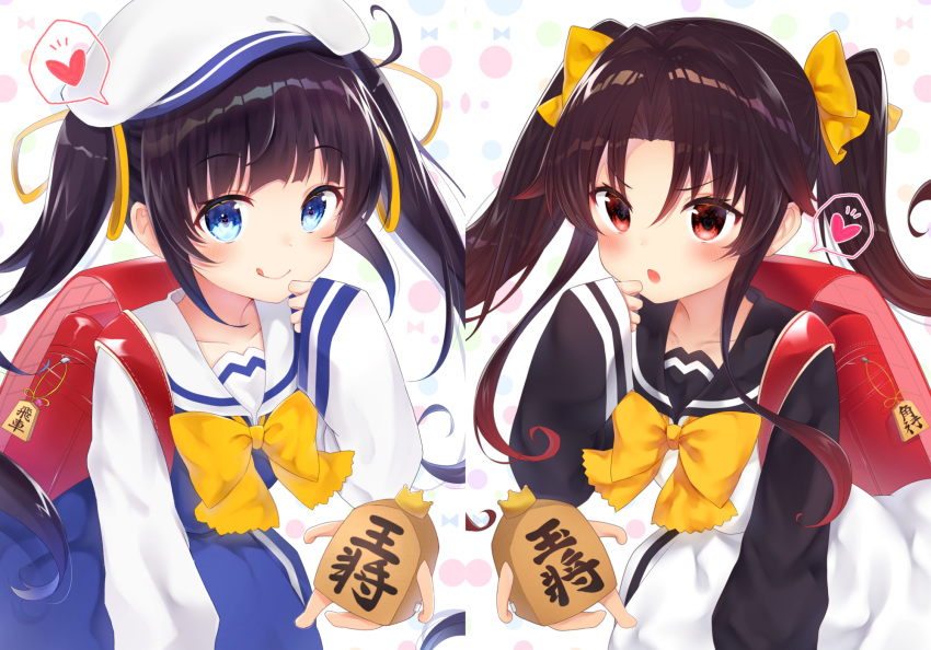 2girls alternate_hairstyle backpack bag bangs beret black_sailor_collar black_shirt blue_dress blue_eyes blush bow brown_hair closed_mouth commentary_request crown dress eyebrows_visible_through_hair gradient_hair gyozanuko hair_between_eyes hair_bow hair_ribbon hat heart highres hinatsuru_ai long_hair long_sleeves mini_crown multicolored_hair multiple_girls parted_bangs parted_lips randoseru red_eyes redhead ribbon ryuuou_no_oshigoto! sailor_collar sailor_dress shirt shougi_piece sleeveless sleeveless_dress sleeves_past_wrists smile spoken_heart twintails very_long_hair white_dress white_headwear white_sailor_collar white_shirt yashajin_ai yellow_bow yellow_ribbon