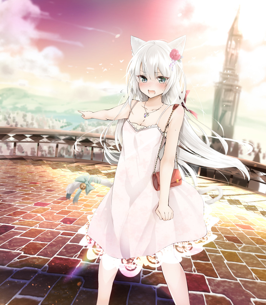 1girl absurdres animal_ears azur_lane bag bell blue_eyes blurry blush bow breasts brick_road cat_ears cat_tail city cityscape cleavage clenched_hand clouds collarbone commentary_request depth_of_field dress eyebrows_visible_through_hair eyelashes fang flower furrowed_eyebrows hair_between_eyes hair_bow hair_flower hair_ornament hammann_(azur_lane) handbag highres jewelry long_hair looking_at_viewer medium_breasts necklace open_mouth pendant pointing railing river rurekuchie sky solo spaghetti_strap sunset tail tail_bell tail_ornament tears tower tsurime very_long_hair white_hair wind