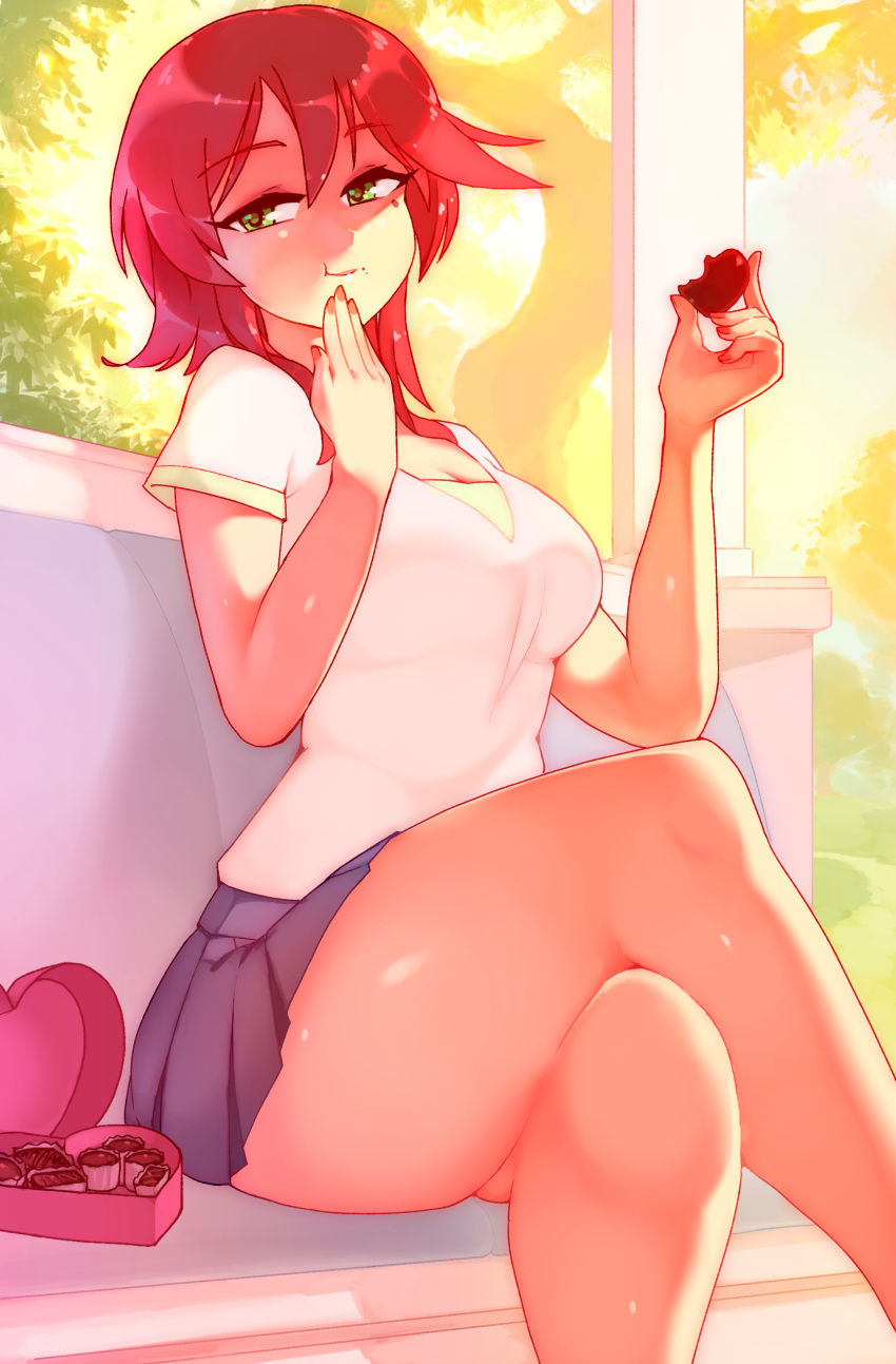 1girl :t absurdres box chocolate chocolate_heart commentary day eating eba_rin english_commentary eyebrows_visible_through_hair food green_eyes hand_to_own_mouth heart heart-shaped_box highres kimi_no_iru_machi legs_crossed looking_at_viewer medium_hair outdoors redhead rtil shirt short_sleeves sitting skirt smile solo sweets white_shirt