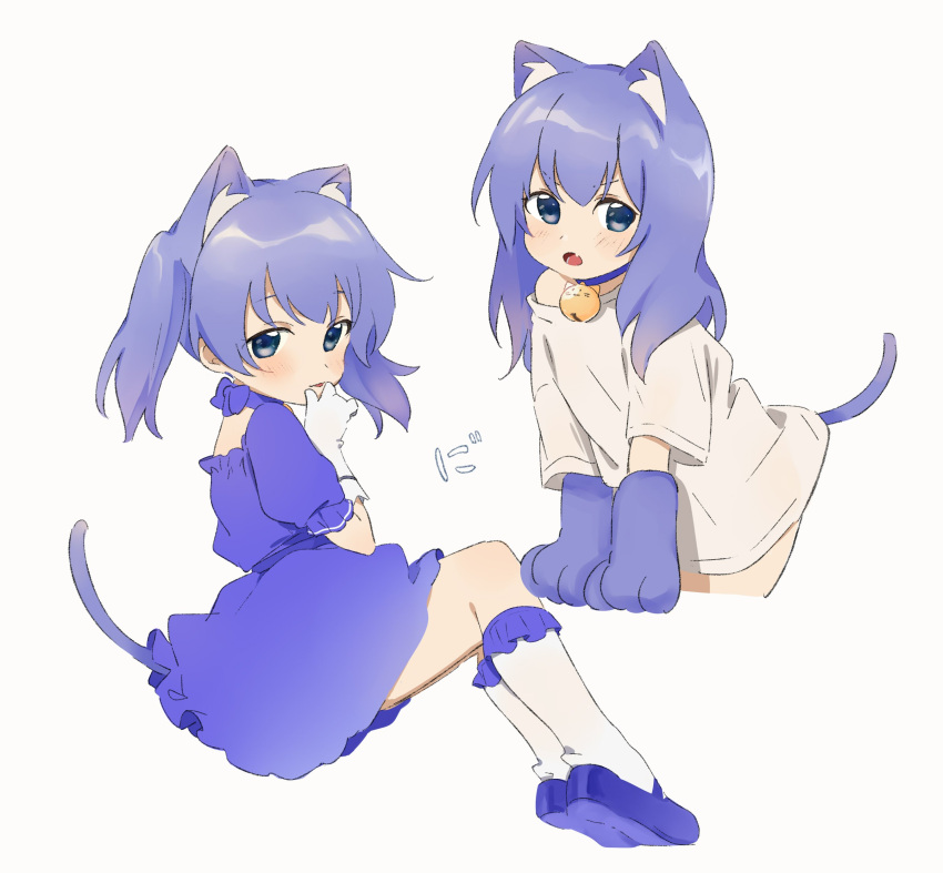 1girl :o absurdres animal_ear_fluff animal_ears bangs bell bell_choker blue_choker blue_dress blue_eyes blue_footwear blue_hair blush cat_ears cat_girl cat_tail choker commentary_request dani_yamada dress eyebrows_visible_through_hair fang frilled_legwear gloves grey_background highres jingle_bell kemonomimi_mode kneehighs long_hair mary_janes multiple_views nijisanji off_shoulder open_mouth parted_lips paw_gloves paws puffy_short_sleeves puffy_sleeves shirt shoe_soles shoes short_sleeves simple_background tail two_side_up v-shaped_eyebrows virtual_youtuber white_gloves white_legwear white_shirt yuuki_chihiro