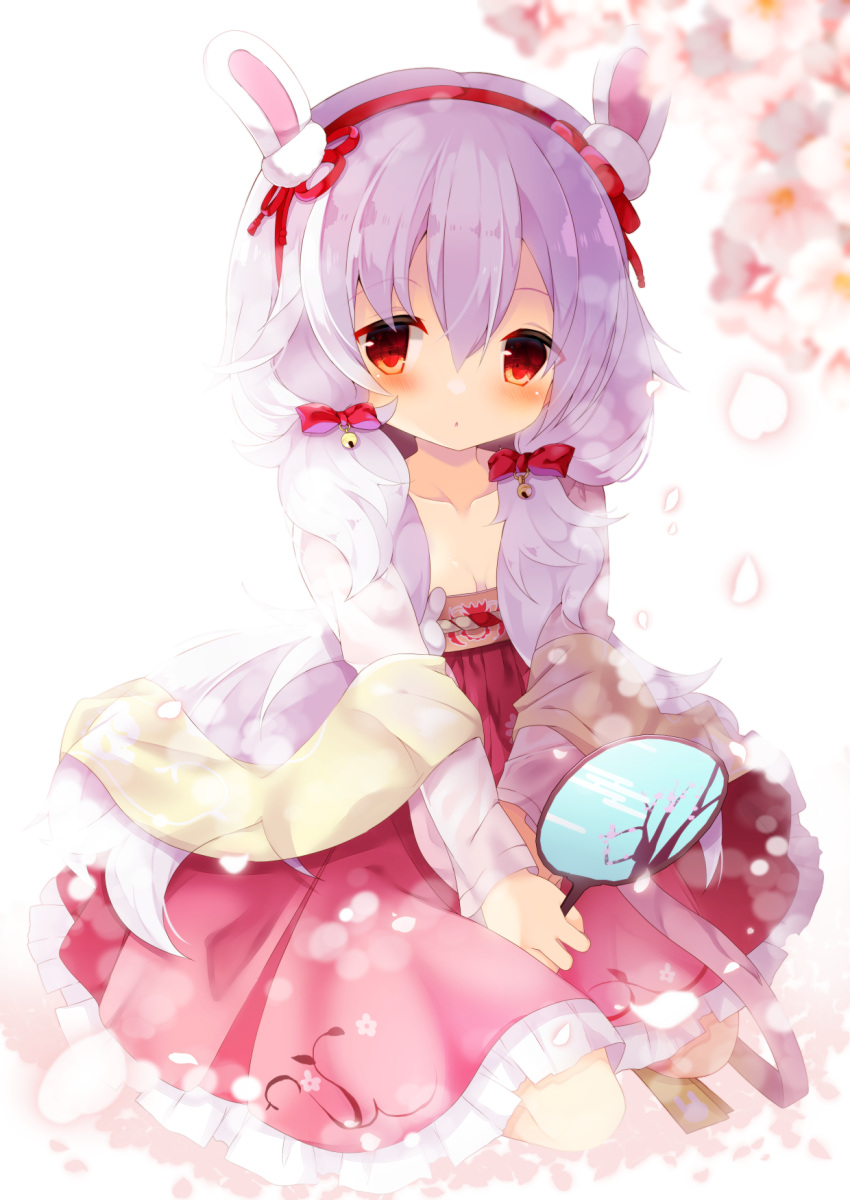 1girl animal_ears azur_lane bangs bell blurry blurry_background blush bow breasts collarbone commentary_request depth_of_field dress eyebrows_visible_through_hair fan flower frilled_dress frills fuuna_thise hair_between_eyes hair_bow hairband highres holding holding_fan jingle_bell laffey_(azur_lane) long_hair long_sleeves looking_at_viewer low_twintails own_hands_together paper_fan parted_lips petals purple_hair rabbit_ears red_bow red_dress red_eyes red_hairband seiza sitting small_breasts solo twintails uchiwa very_long_hair white_flower