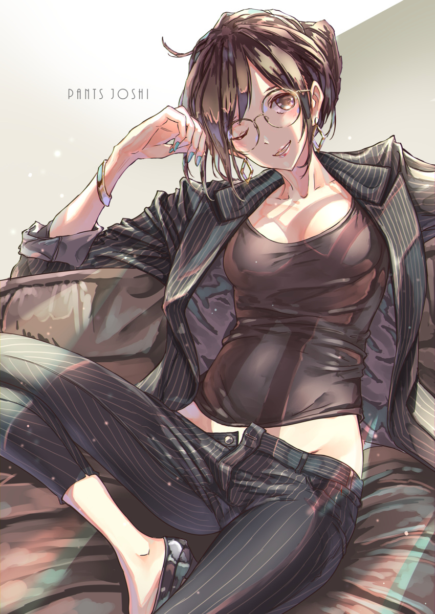 1girl black_pants black_shirt blue_nails bracelet breasts brown_eyes brown_hair couch earrings formal glasses grey_background highres jewelry nail_polish original pants shirt shoes short_hair sitting small_breasts solo suit sun_(sunsun28) unbuttoned