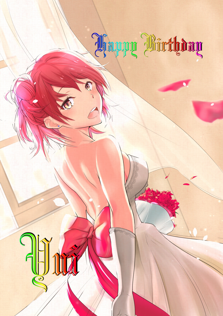 1girl absurdres blush bow breasts brown_eyes dress earrings flower gloves hair_bow hair_ornament highres jewelry long_hair looking_at_viewer open_mouth pink_hair short_hair simple_background smile solo speech_bubble wedding_dress white_gloves xarikax yahari_ore_no_seishun_lovecome_wa_machigatteiru. yuigahama_yui