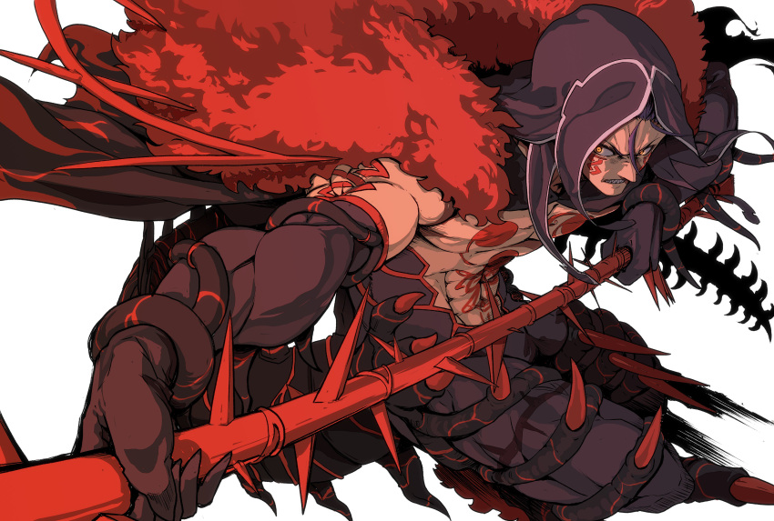 1boy abs absurdres after_(artist) angry bare_chest black_gloves black_hair chest_tattoo clenched_teeth cu_chulainn_alter_(fate/grand_order) elbow_gloves fate/grand_order fate_(series) gae_bolg gloves hair_strand highres holding holding_spear holding_weapon hood lancer looking_at_viewer male_focus monster_boy polearm sharp_teeth simple_background solo spear spikes tail tattoo teeth weapon white_background yellow_eyes