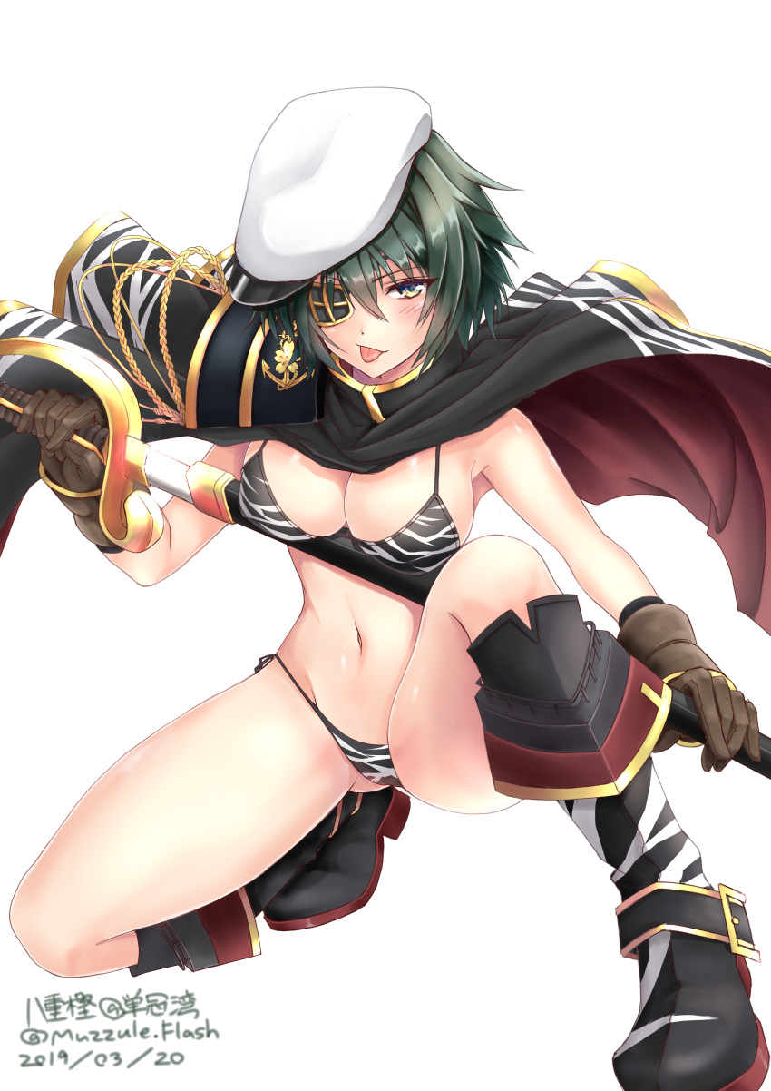 1girl absurdres animal_print artist_name bikini black_bikini boots breasts brown_gloves cape cleavage commentary_request cutlass dated eyepatch gloves green_eyes green_hair hat highres kantai_collection kiso_(kantai_collection) medium_breasts muzzuleflash navel pauldrons remodel_(kantai_collection) sailor_hat school_uniform serafuku short_hair side-tie_bikini simple_background solo squatting swimsuit tiger_print tongue tongue_out twitter_username white_background white_headwear