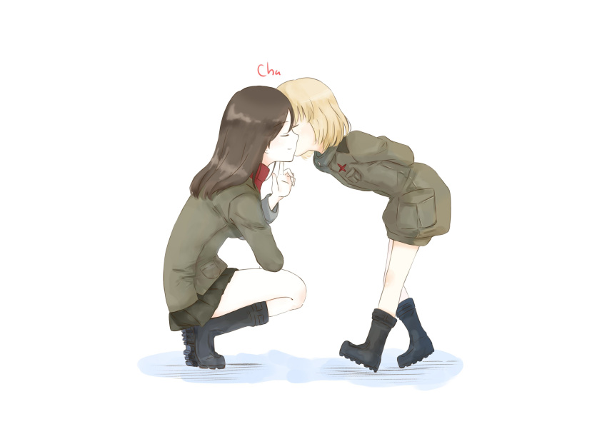 2girls absurdres arms_behind_head black_footwear black_skirt blonde_hair boots cheek_kiss closed_mouth commentary_request emblem eyebrows_visible_through_hair facing_another finger_to_face from_side girls_und_panzer green_jacket green_jumpsuit highres jacket katyusha kiss leaning_forward long_hair long_sleeves military military_uniform miniskirt multiple_girls nonna pleated_skirt pravda_military_uniform pravda_school_uniform red_shirt school_uniform shadow shimesaba_(simesabaikka) shirt short_hair short_jumpsuit simple_background skirt smile squatting standing turtleneck uniform white_background