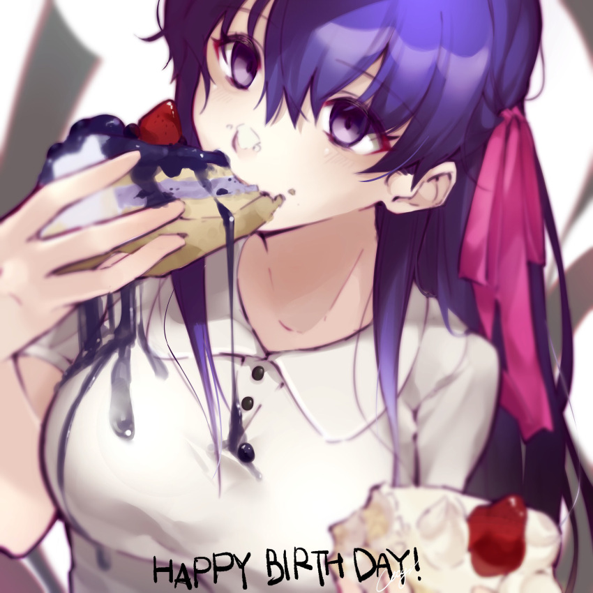 1girl bangs blueberry breasts cake collared_shirt commentary_request eating eyebrows_visible_through_hair fate/stay_night fate_(series) food food_on_clothes food_on_face fruit hair_between_eyes hair_ribbon happy_birthday head_tilt highres holding holding_food long_hair looking_at_viewer matou_sakura messy pink_ribbon polo_shirt purple_hair ribbon shirt short_sleeves slice_of_cake solo stain strawberry upper_body utayoi_(umakatare) violet_eyes white_shirt