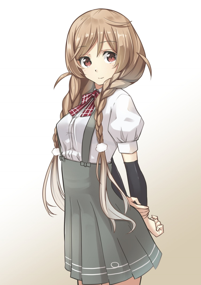 1girl arm_warmers arms_behind_back bow bowtie braid brown_background cloud_hair_ornament eyebrows_visible_through_hair gradient gradient_background highres kantai_collection light_brown_hair long_hair minegumo_(kantai_collection) negahami plaid_neckwear pleated_skirt red_eyes red_neckwear school_uniform shirt short_sleeves skirt solo suspender_skirt suspenders twin_braids white_shirt