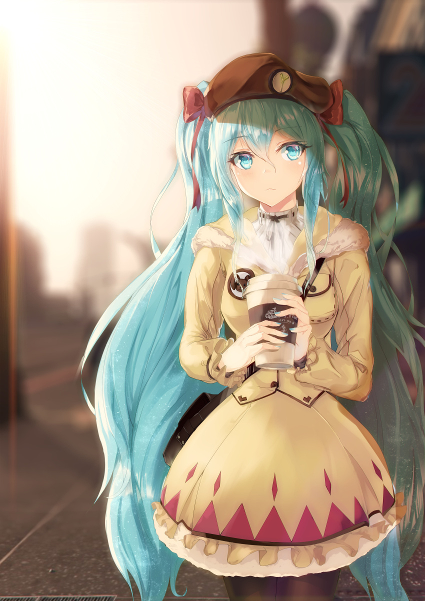 1girl absurdres aqua_hair aqua_nails blurry blurry_background bow brown_hair brown_legwear coffee_cup cup day disposable_cup dress frown hair_between_eyes hair_bow hat hatsune_miku highres icefurs long_hair long_sleeves looking_at_viewer nail_polish outdoors pantyhose red_bow sidelocks solo standing twintails very_long_hair vocaloid