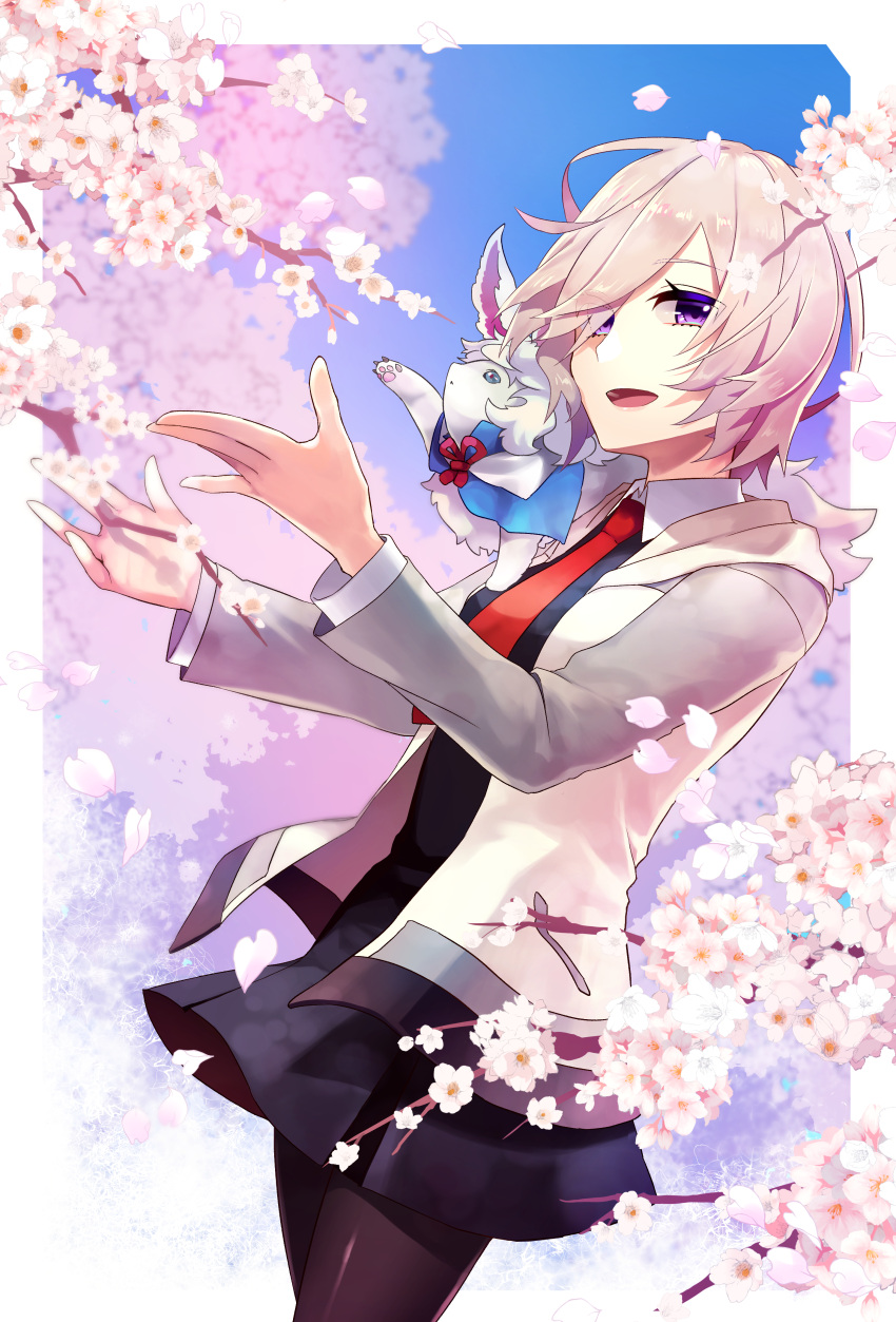 1girl absurdres animal black_dress black_legwear blue_sky cherry_blossoms creature dress fate/grand_order fate_(series) fou_(fate/grand_order) hair_over_one_eye highres hood jacket lavender_hair mash_kyrielight necktie outdoors pantyhose red_neckwear short_hair sky tia_(cocorosso) violet_eyes