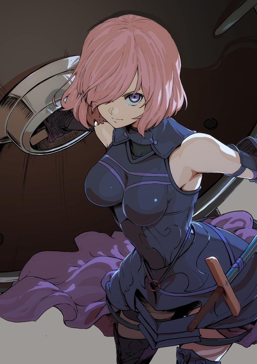 1girl absurdres after_(artist) armor black_gloves black_legwear black_leotard closed_mouth cowboy_shot elbow_gloves fate/grand_order fate_(series) gloves grey_background hair_over_one_eye highres lavender_hair leotard looking_at_viewer mash_kyrielight serious shield short_hair simple_background solo thigh-highs violet_eyes