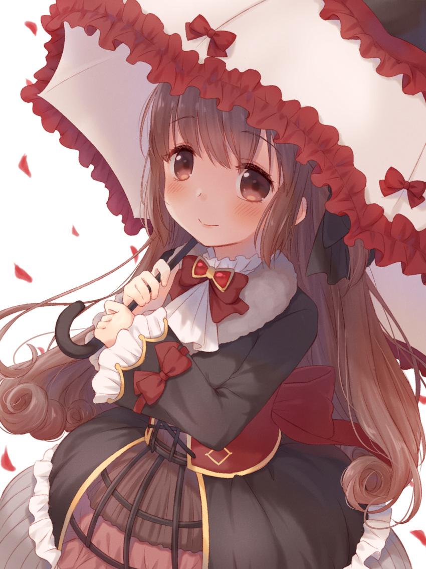 1girl absurdres arm_up bangs black_legwear blush bow bowtie braid brown_eyes brown_hair closed_mouth commentary_request eyebrows_visible_through_hair frilled_skirt frills gothic_lolita hair_between_eyes hair_ribbon highres holding holding_umbrella kazane_mari lolita_fashion long_hair looking_at_viewer magia_record:_mahou_shoujo_madoka_magica_gaiden mahou_shoujo_madoka_magica petals red_neckwear ribbon satomi_touka simple_background skirt smile solo standing thigh-highs umbrella white_background