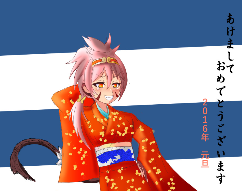 1girl animal_ears atuba brown_hair chinese_zodiac eyebrows_visible_through_hair grin hair_between_eyes hair_ornament hand_behind_head highres japanese_clothes jewelry kakuen_(monster_girl_encyclopedia) kimono monkey monkey_ears monkey_girl monkey_tail monster_girl monster_girl_encyclopedia orange_hair orange_kimono simple_background smile solo tail teeth