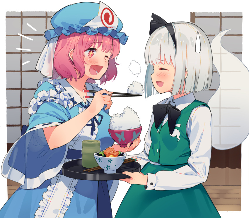 2girls ;d arm_garter bangs black_bow black_hairband black_neckwear blue_headwear blue_kimono blue_ribbon blunt_bangs blush bob_cut bow bowl bowtie breasts center_frills chopsticks closed_eyes collared_shirt commentary_request cowboy_shot cup ddal eyebrows_visible_through_hair feeding food frilled_kimono frilled_shirt_collar frills ghost green_skirt green_vest hairband hat highres hitodama holding holding_bow holding_chopsticks holding_tray indoors japanese_clothes kimono konpaku_youmu konpaku_youmu_(ghost) large_breasts long_sleeves mob_cap multiple_girls one_eye_closed open_mouth pink_eyes pink_hair ribbon ribbon-trimmed_collar ribbon_trim rice rice_bowl saigyouji_yuyuko see-through shirt short_hair short_sleeves silver_hair skirt sliding_doors smile sparkling_eyes steam sweatdrop touhou transparent tray triangular_headpiece veil vest white_shirt wide_sleeves wing_collar