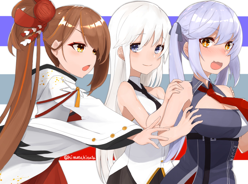 3girls azur_lane bangs bare_shoulders black_neckwear blush breasts brown_hair cleavage closed_mouth collared_shirt enterprise_(azur_lane) essex_(azur_lane) eyebrows_visible_through_hair hair_ornament hands_on_another's_shoulders heart heart_hair_ornament highres himono_hinata japanese_clothes long_hair looking_at_another multicolored multicolored_background multiple_girls necktie open_mouth ponytail purple_hair red_neckwear shirt smile striped striped_background twintails violet_eyes white_hair white_shirt yellow_eyes zuikaku_(azur_lane)