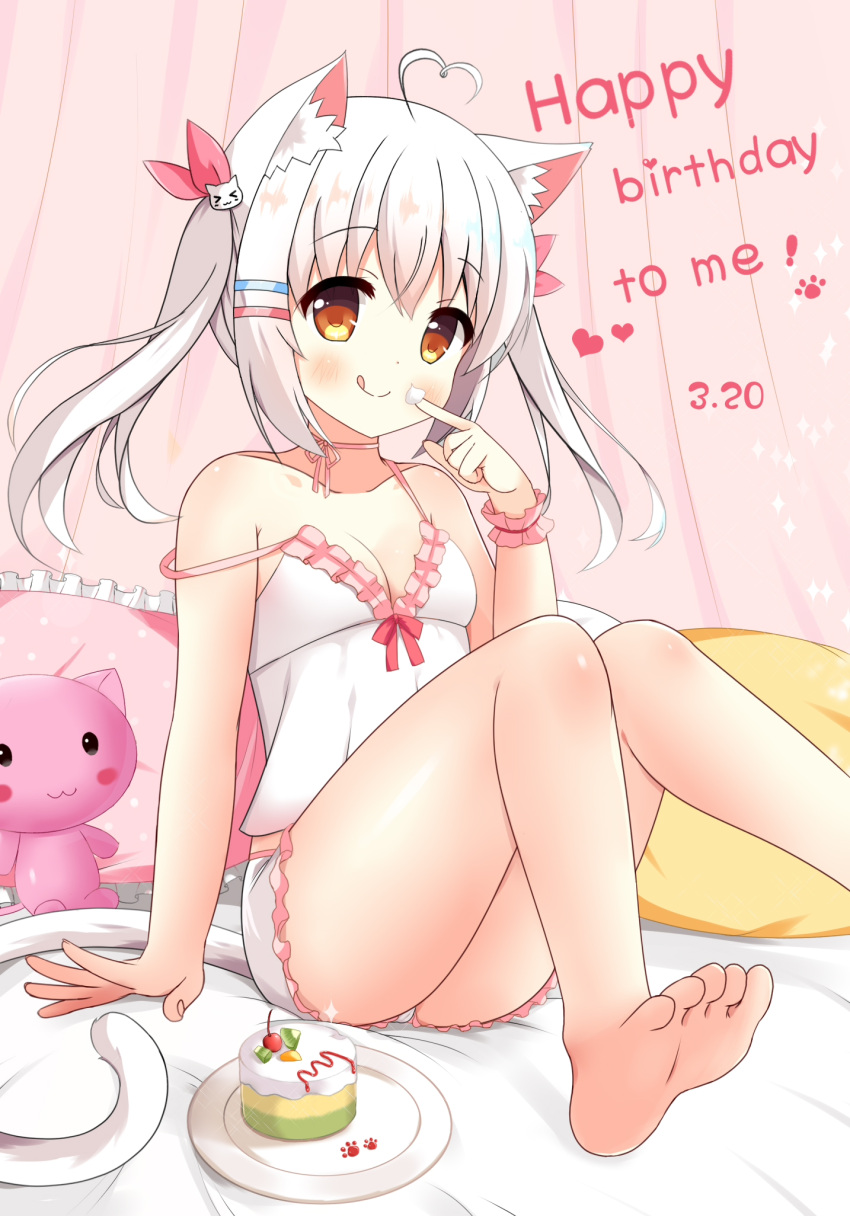 &gt;_&lt; 1girl :q ahoge animal_ear_fluff animal_ears bangs bare_arms bare_legs bare_shoulders barefoot blush breasts brown_eyes cake camisole cat_ears cat_girl cat_hair_ornament cat_tail cleavage closed_eyes closed_mouth collarbone commentary_request dated eyebrows_visible_through_hair feet fingernails food food_on_finger frilled_pillow frills hair_between_eyes hair_ornament hair_ribbon hand_up happy_birthday heart heart_ahoge highres legs long_hair original pillow plate red_ribbon ribbon short_shorts shorts silver_hair sitting small_breasts smile soles solo strap_slip stuffed_animal stuffed_cat stuffed_toy tail tongue tongue_out twintails white_camisole white_shorts wrist_cuffs xiaosamiao