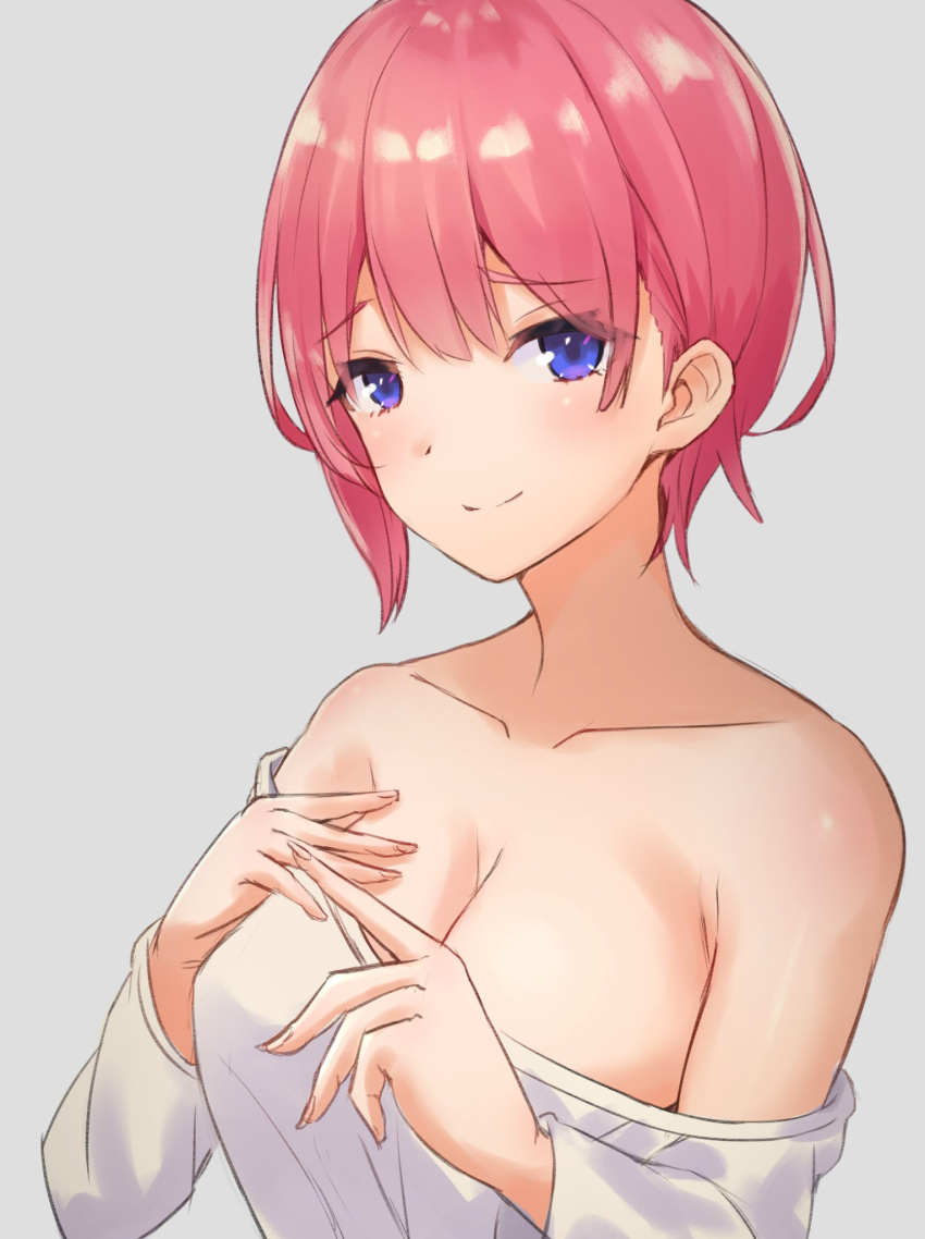 1girl bangs bare_shoulders blue_eyes blush breasts cleavage closed_mouth collarbone commentary_request eyebrows_visible_through_hair gatling033 go-toubun_no_hanayome grey_background hand_on_own_chest highres long_sleeves medium_breasts nakano_ichika off-shoulder_shirt off_shoulder pink_hair shirt short_hair simple_background smile solo upper_body white_shirt