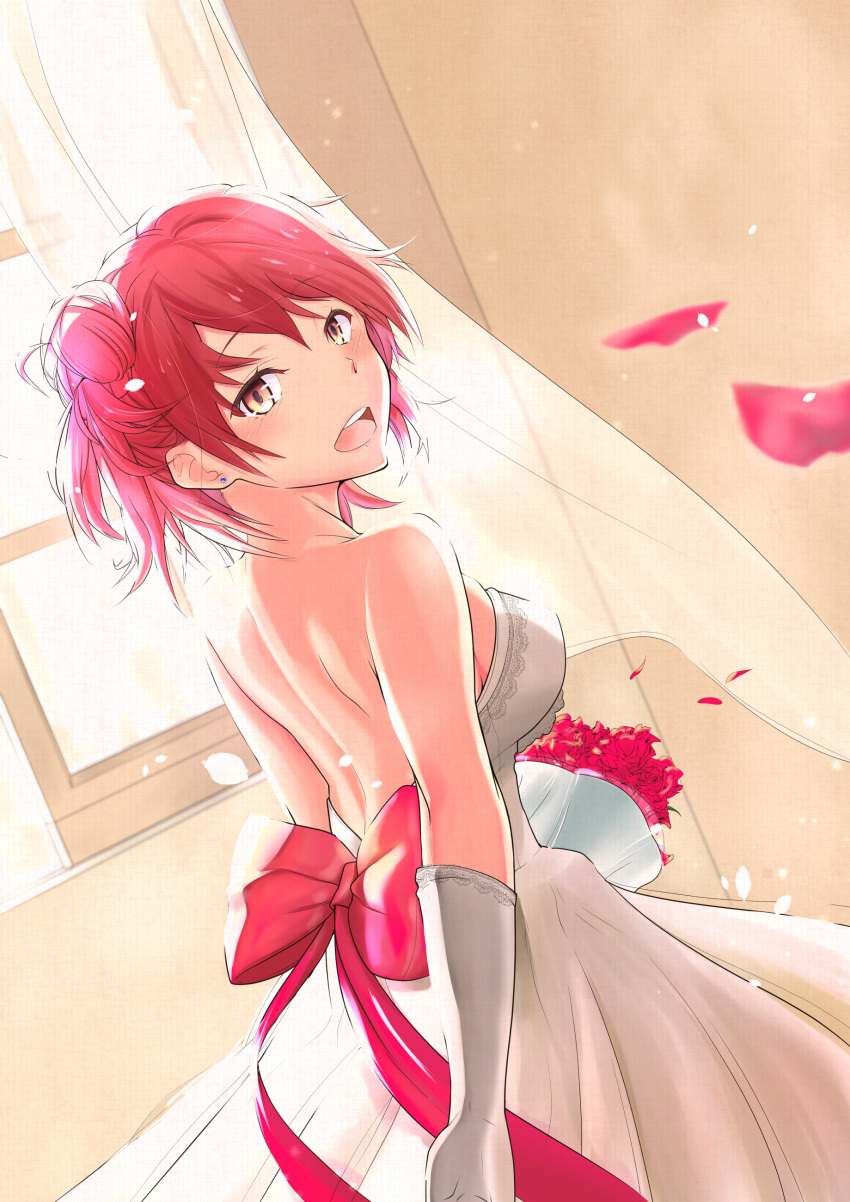 1girl absurdres blush bow breasts brown_eyes dress earrings flower gloves hair_bow highres jewelry looking_at_viewer open_mouth pink_hair short_hair simple_background smile solo wedding_dress white_gloves xarikax yahari_ore_no_seishun_lovecome_wa_machigatteiru. yuigahama_yui