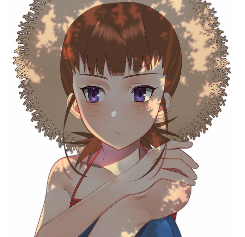 1girl bangs bare_arms bare_shoulders blush brown_hair camisole closed_mouth collarbone digimon digimon_tamers hano_ka hat highres makino_ruki ponytail shadow solo spaghetti_strap straw_hat sun_hat violet_eyes
