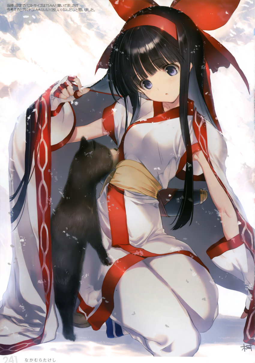 1girl absurdres ainu_clothes animal bangs black_hair blue_eyes blush bow breasts cape eyebrows_visible_through_hair fingerless_gloves fingernails full_body gloves hair_bow highres kneeling long_hair medium_breasts nakamura_takeshi nakoruru open_mouth page_number pants red_bow samurai_spirits scan shiny shiny_hair shoes short_sleeves snow snowing solo weapon