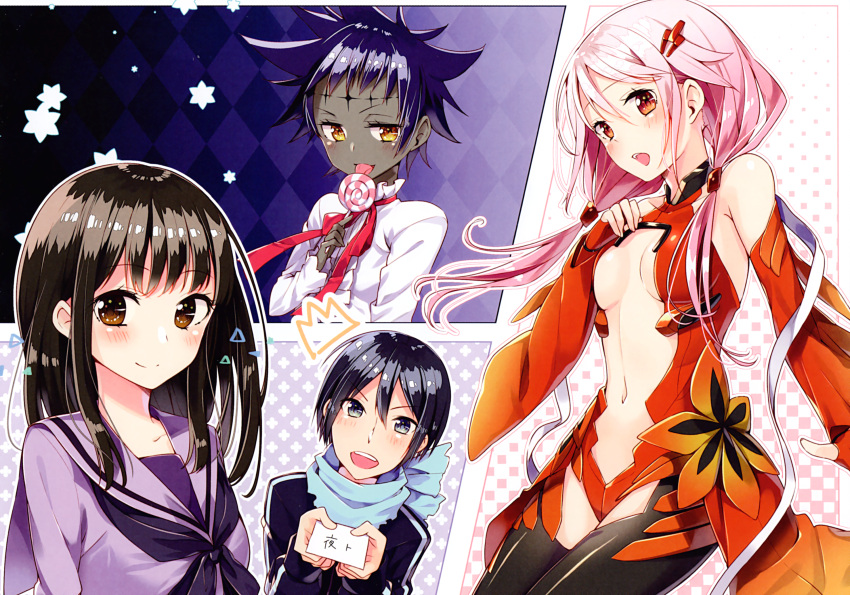 1boy 3girls :d argyle argyle_background black_eyes black_hair black_legwear black_neckwear blue_scarf blush breasts brown_eyes candy card cleavage collarbone d.gray-man dark_skin detached_sleeves dress_shirt food guilty_crown hair_between_eyes hair_ornament hair_over_shoulder hairclip highres holding holding_card iki_hiyori leotard lollipop long_hair looking_at_viewer medium_breasts midriff multiple_girls navel noragami open_mouth pink_hair purple_hair purple_sailor_collar purple_shirt red_eyes red_leotard red_sleeves revealing_clothes road_kamelot sailor_collar sakuragi_ren scarf school_uniform serafuku shiny shiny_hair shirt short_hair smile spiky_hair stomach tongue tongue_out twintails white_shirt wide_sleeves yato_(noragami) yellow_eyes yuzuriha_inori